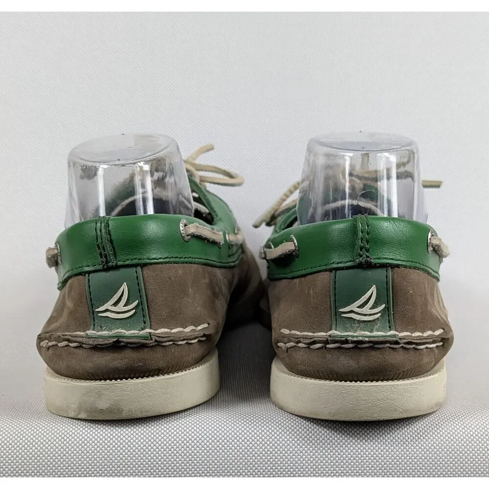 Sperry Top Sider Boat Shoes Mens Size 11M Green White Brown Leather Two Eyelet